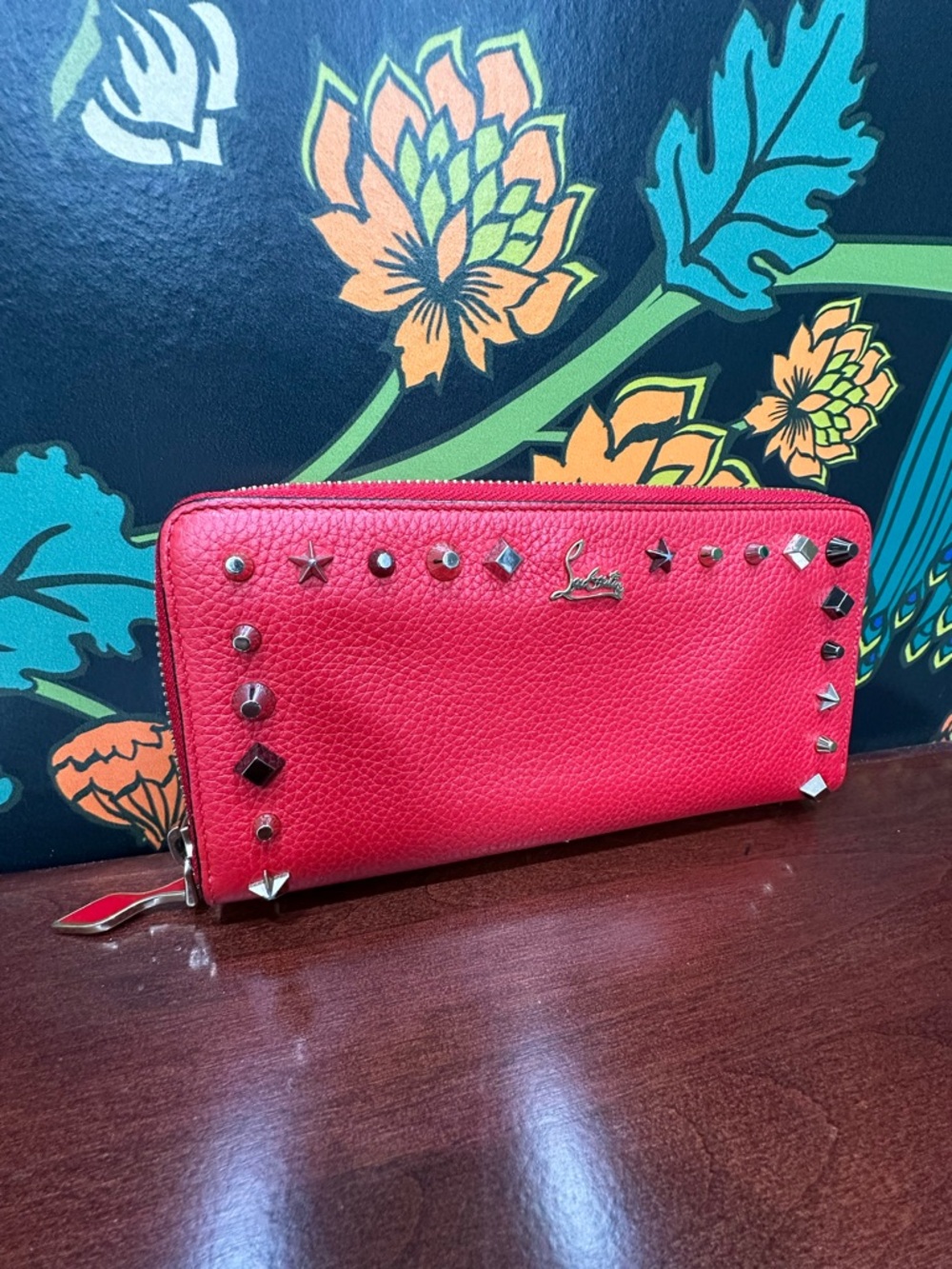 Christian Louboutin Red Studded Zip Around Wallet Leather Spike Star Continental - Picture 5 of 14
